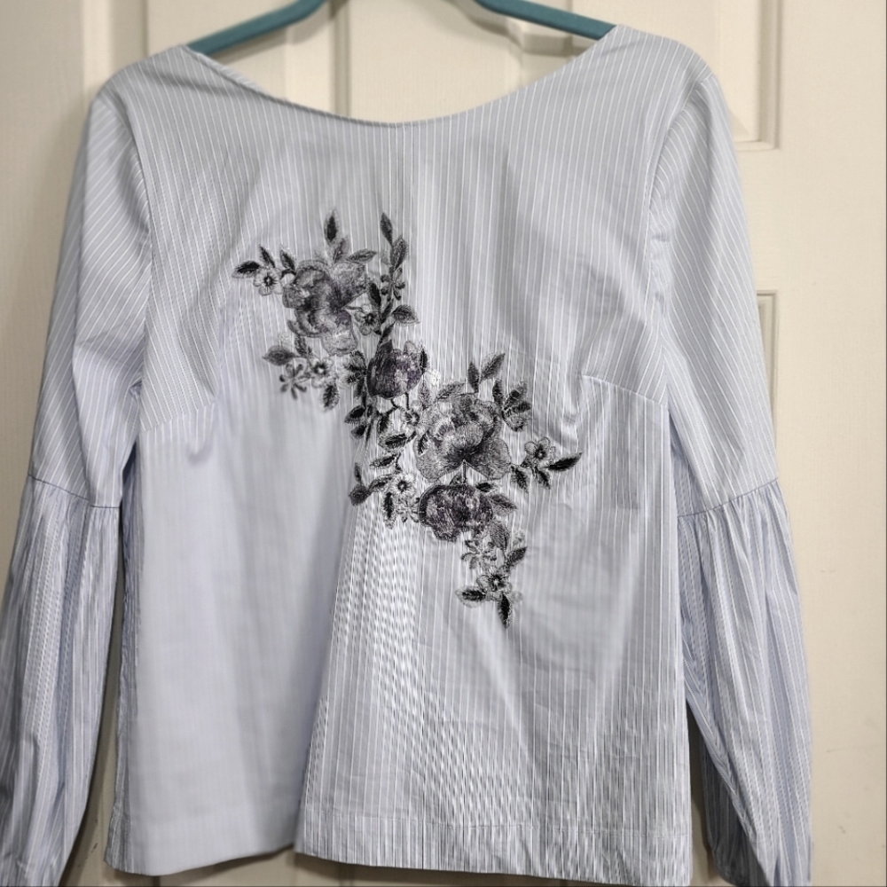 Blue White Striped Embroidered Floral Blouse